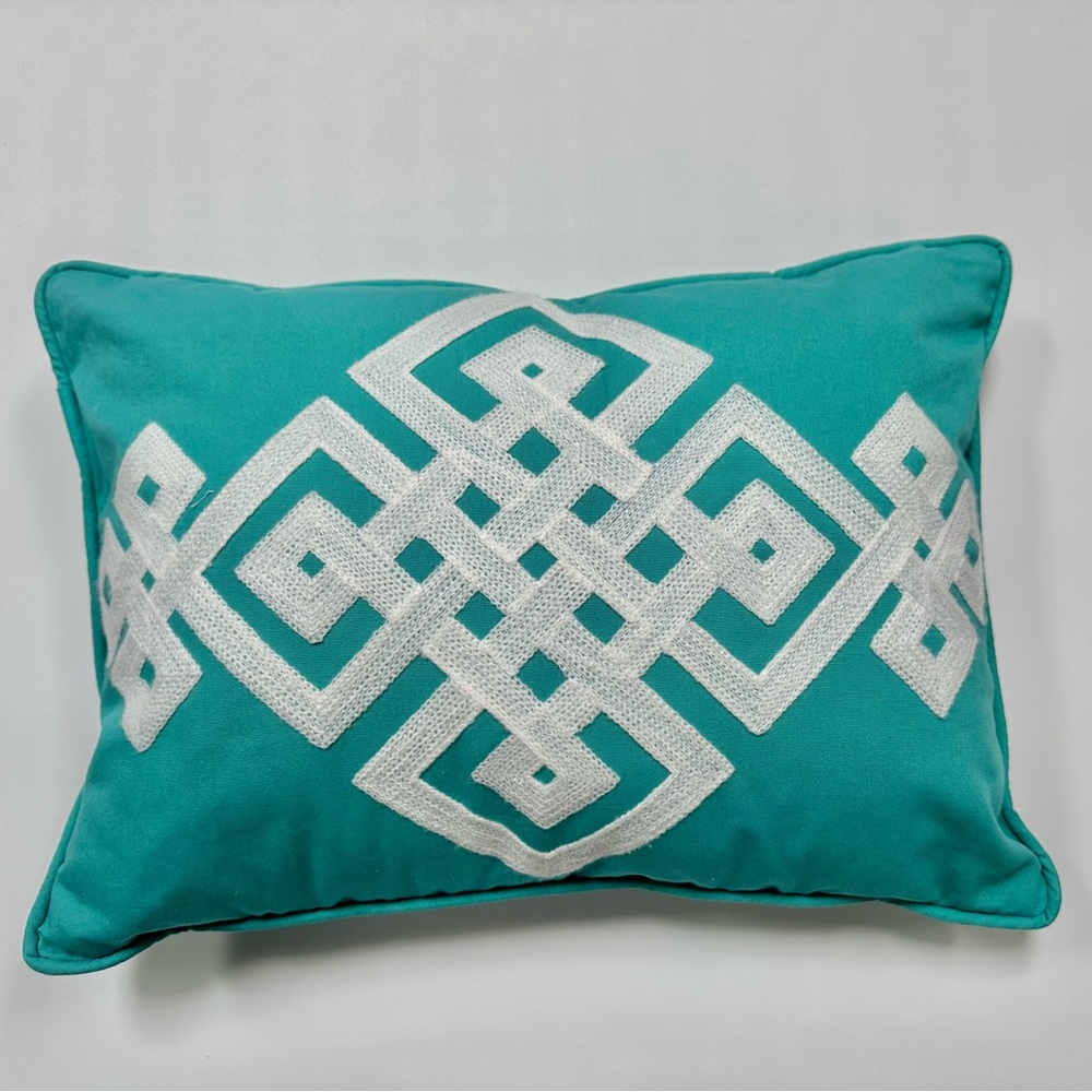 Pottery Barn Teen Dorm Teal and White Embroidered Decorative Pillow